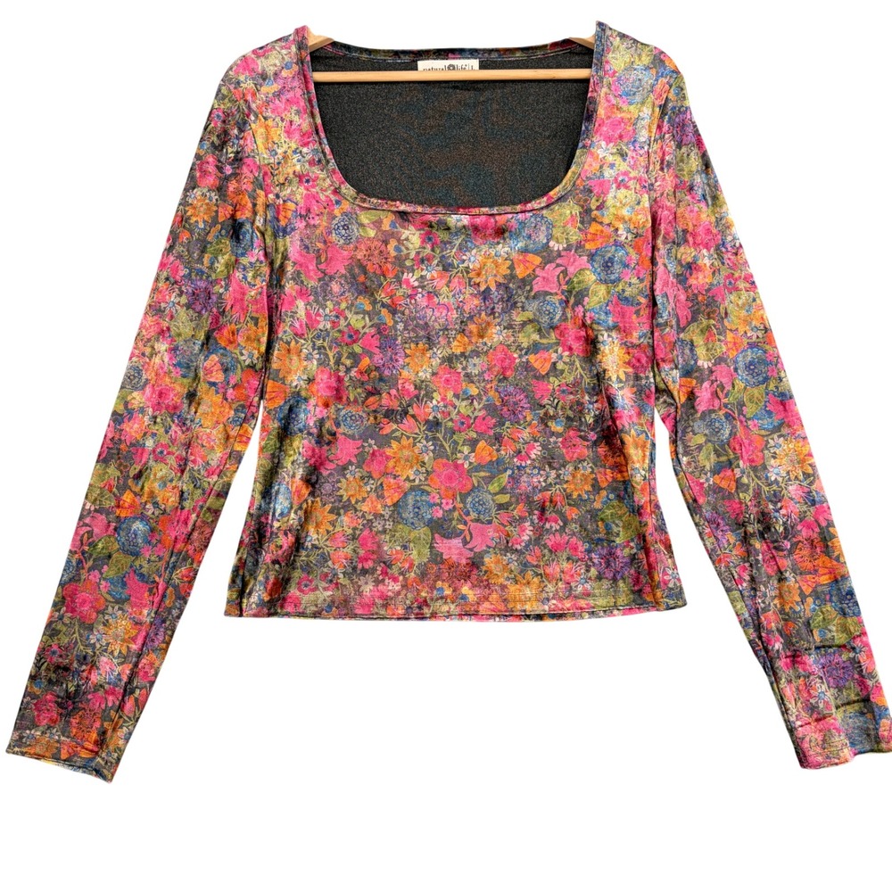 Natural Life Women L Velvet Floral Long Sleeve Square Neck Boho Top Whimsigoth